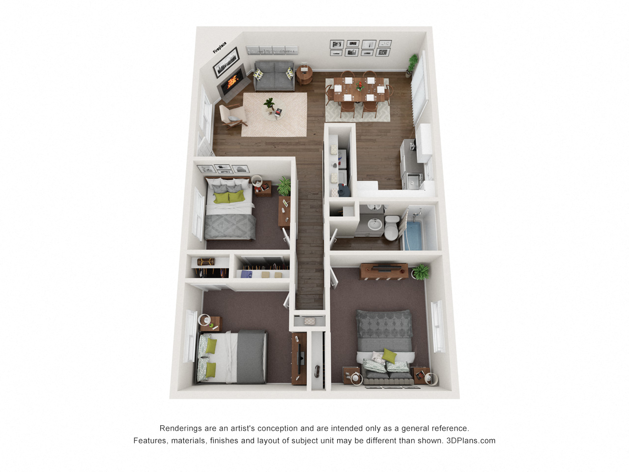 Floor plan for 3 beds, 1 bath, 975 sqft